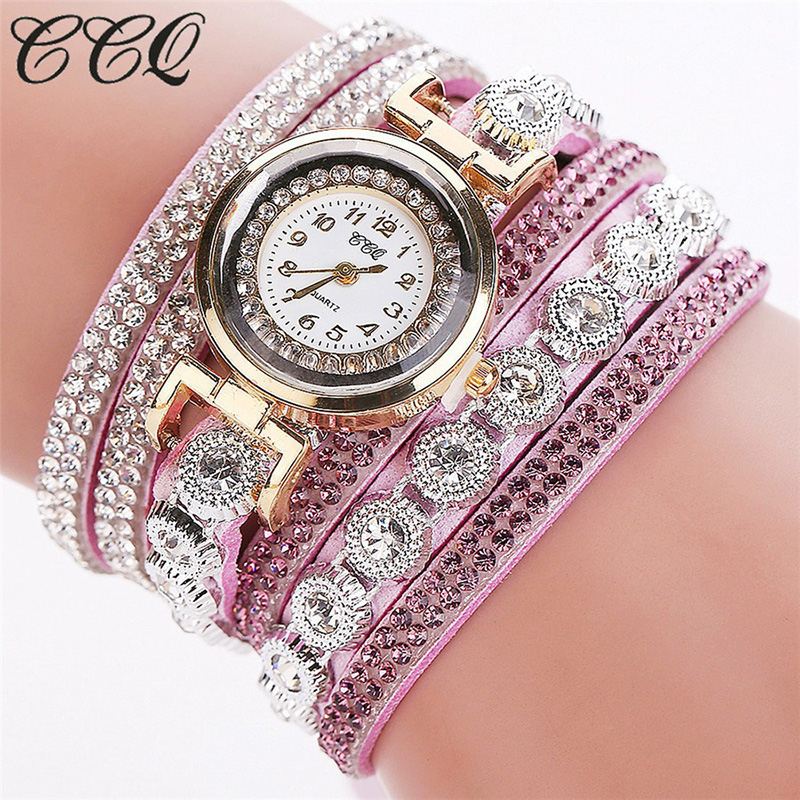 Mode Luksus Rhinestone Pu Læder Band Kvinder Quartz Armbånd Ur