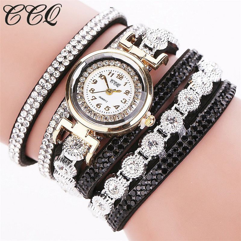 Mode Luksus Rhinestone Pu Læder Band Kvinder Quartz Armbånd Ur