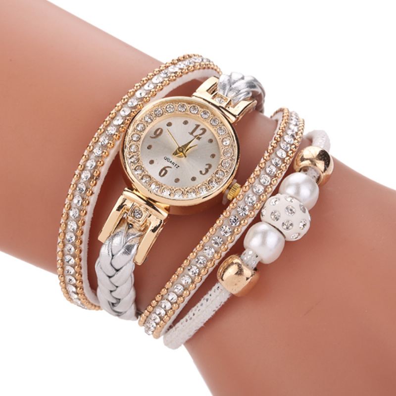 Mode Style Kvinder Pearl Braided Dame Armbåndsur Laides Dress Quartz Watch Armbånd