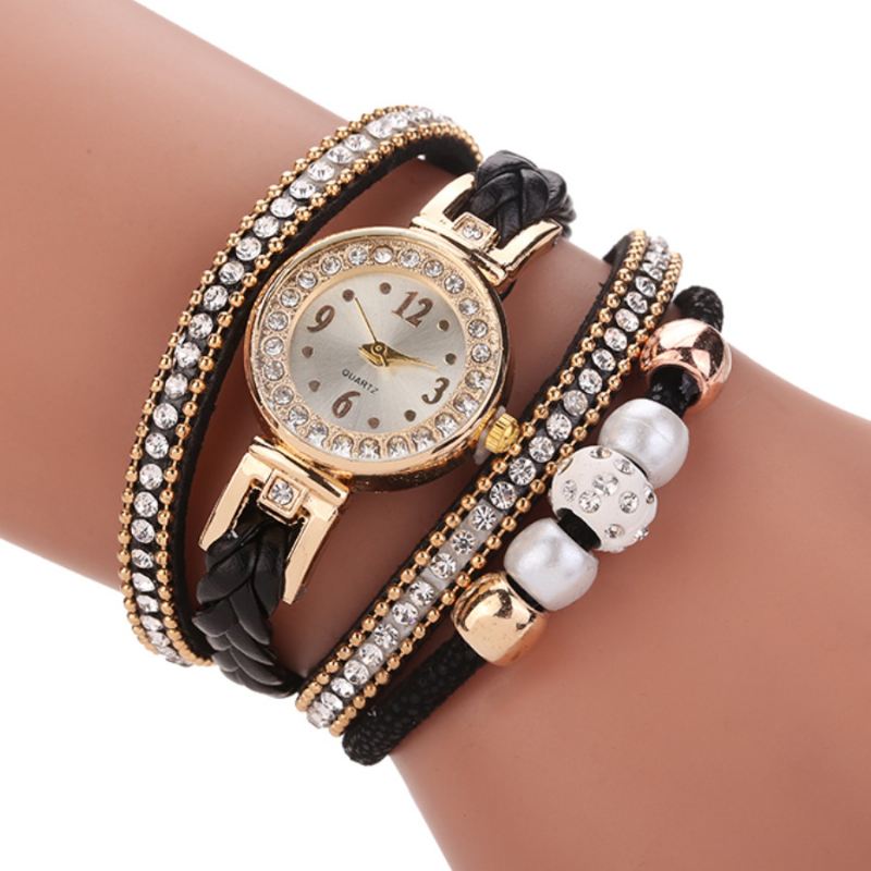 Mode Style Kvinder Pearl Braided Dame Armbåndsur Laides Dress Quartz Watch Armbånd