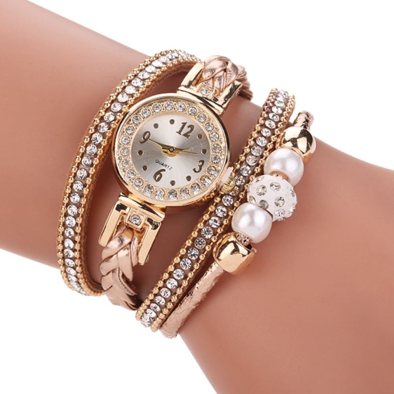 Mode Style Kvinder Pearl Braided Dame Armbåndsur Laides Dress Quartz Watch Armbånd