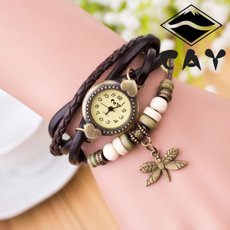 Mode Vintage Multi-layer Dragonfly Pendant Beaded Armbånd Quartz Watch Armbåndsur