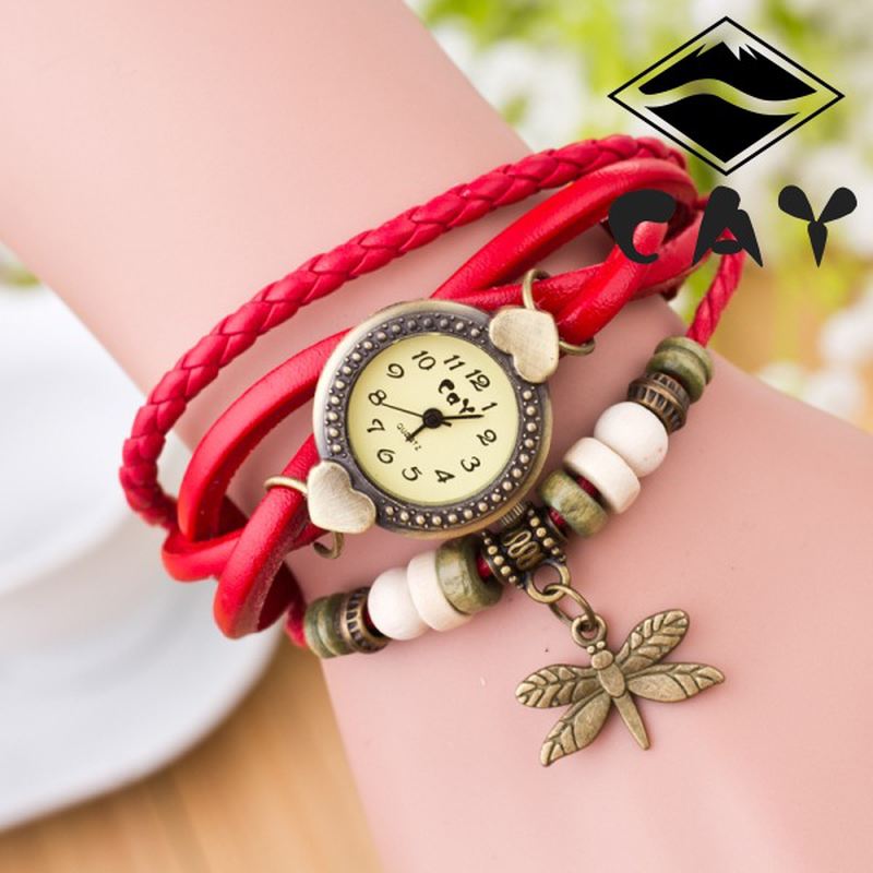 Mode Vintage Multi-layer Dragonfly Pendant Beaded Armbånd Quartz Watch Armbåndsur