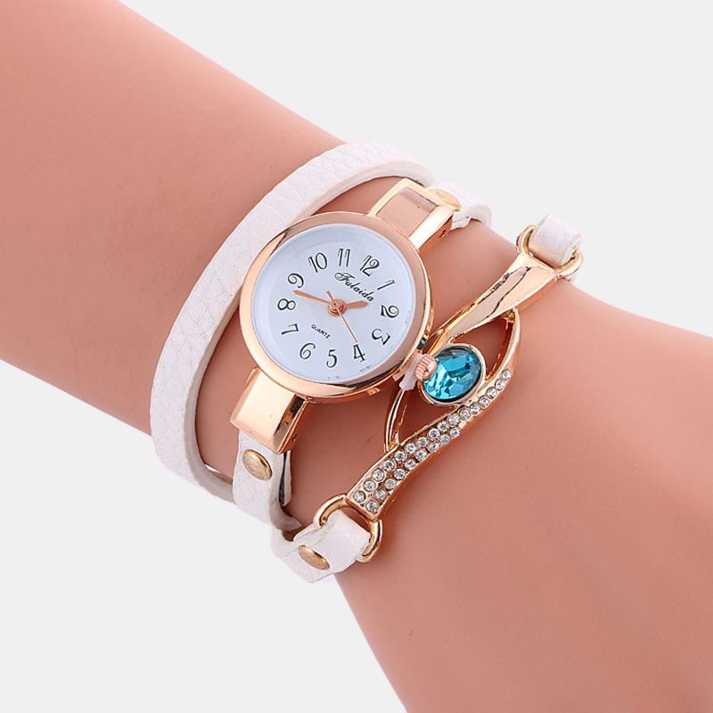 Retro Pu-rem Rhinestone Multi-layer Lady Watch Metal Blå Krystal Justerbar Armbåndsur Quartz Watch