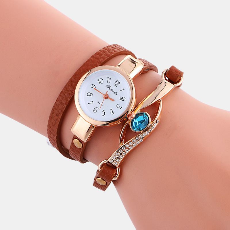 Retro Pu-rem Rhinestone Multi-layer Lady Watch Metal Blå Krystal Justerbar Armbåndsur Quartz Watch