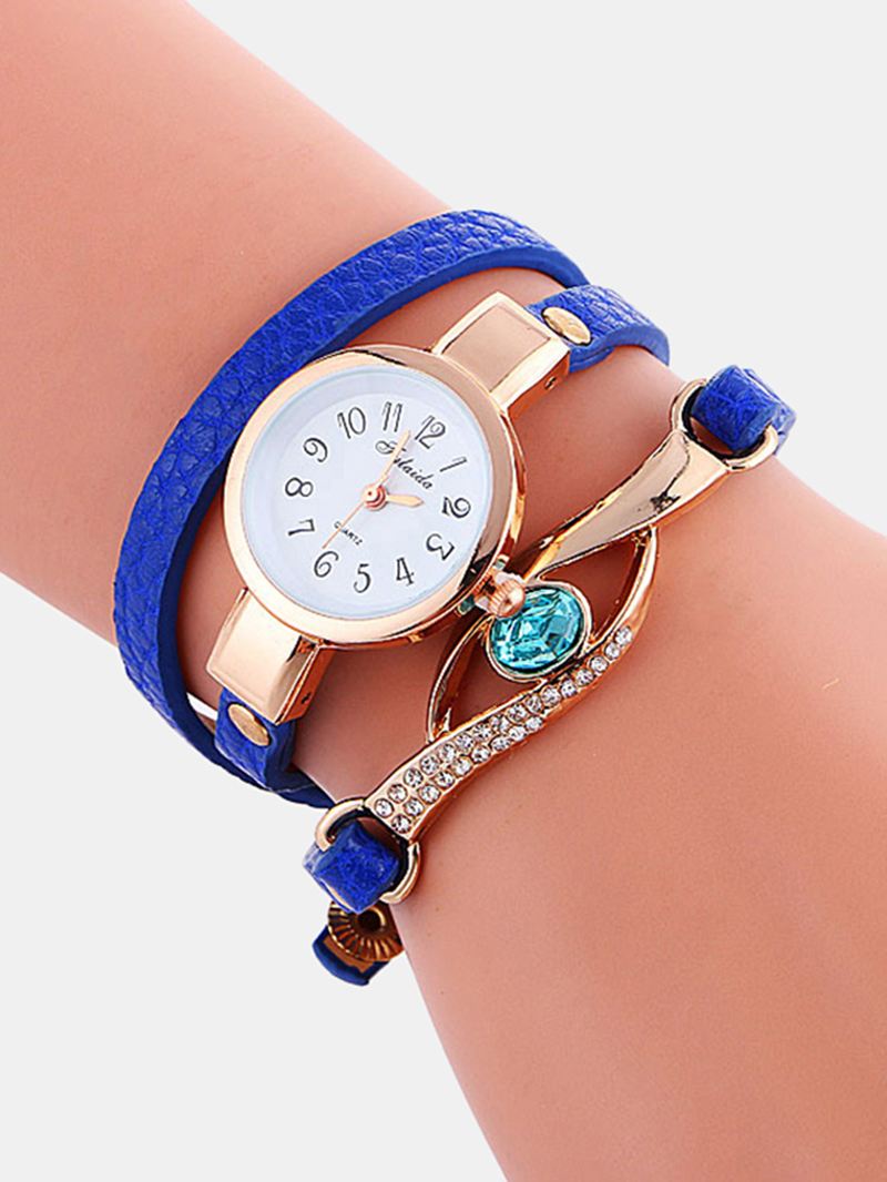 Retro Pu-rem Rhinestone Multi-layer Lady Watch Metal Blå Krystal Justerbar Armbåndsur Quartz Watch