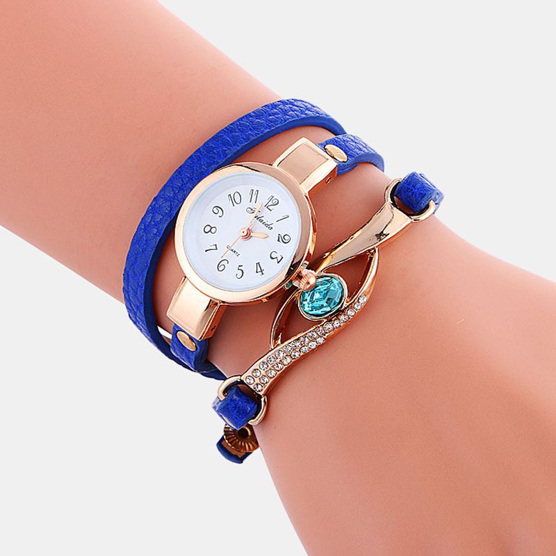 Retro Pu-rem Rhinestone Multi-layer Lady Watch Metal Blå Krystal Justerbar Armbåndsur Quartz Watch