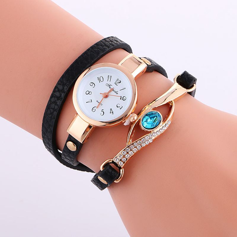 Retro Pu-rem Rhinestone Multi-layer Lady Watch Metal Blå Krystal Justerbar Armbåndsur Quartz Watch