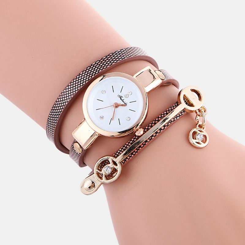 Retro Pu-rem Rhinestone Multi-layer Watch Metal Pendant Justerbar Classic Lady Quartz Watch