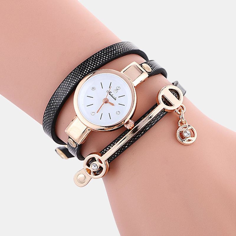 Retro Pu-rem Rhinestone Multi-layer Watch Metal Pendant Justerbar Classic Lady Quartz Watch