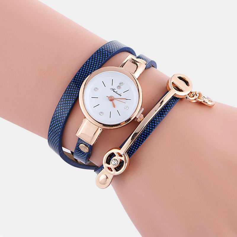 Retro Pu-rem Rhinestone Multi-layer Watch Metal Pendant Justerbar Classic Lady Quartz Watch