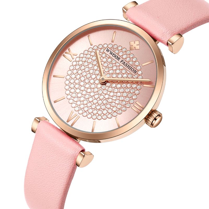 Sky Diamond Dial Dame Armbåndsur Læder Watch Band Quartz Watch