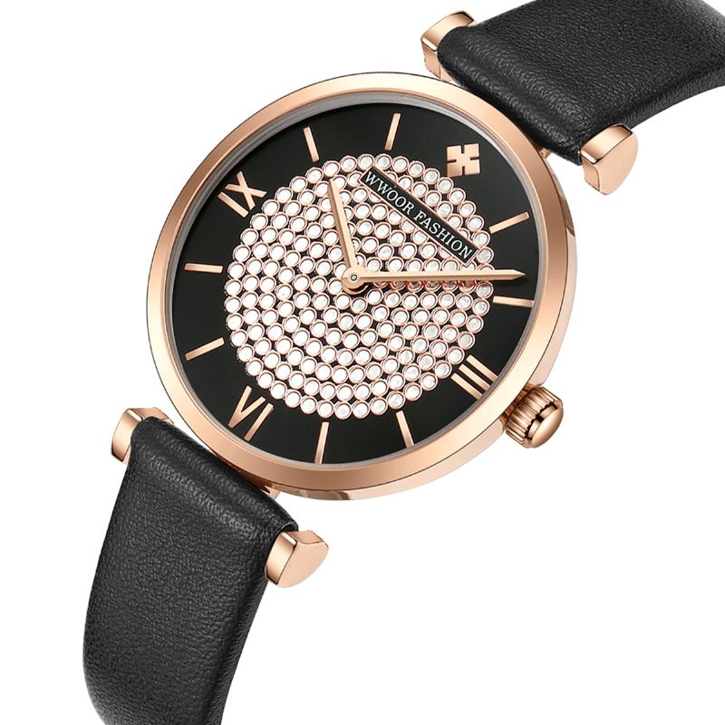 Sky Diamond Dial Dame Armbåndsur Læder Watch Band Quartz Watch