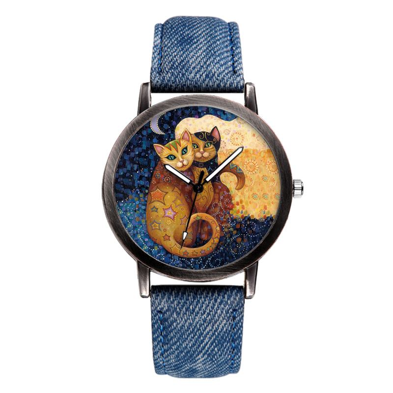 Temperament Tegneserie Kat Blank Dial All-match Denim Strap Kvinder Quartz Watch Armbåndsur