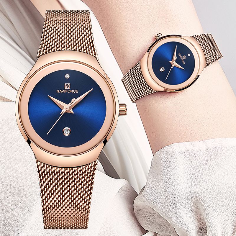 Vandtæt Mesh Stål Damearmbåndsur Fashionable Dato Display Quartz Watch