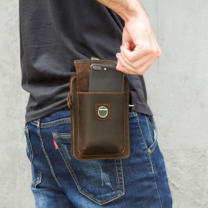 Mænd Ægte Læder Retro Afslappet Udendørs Multi-bære Telefontaske Crossbody Taske Taljetaske Til 5.8 Tommer Telefon