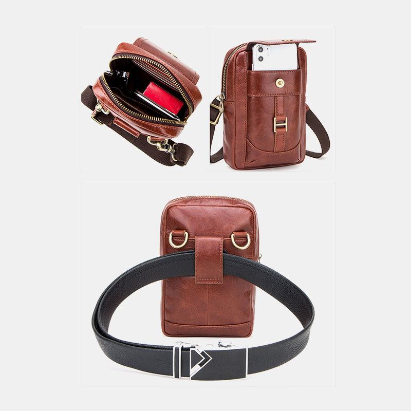 Mænd Ægte Læder Retro Mode 5.8 Tommer Telefontaske Multi-carry Crossbody Taske Taljetaske