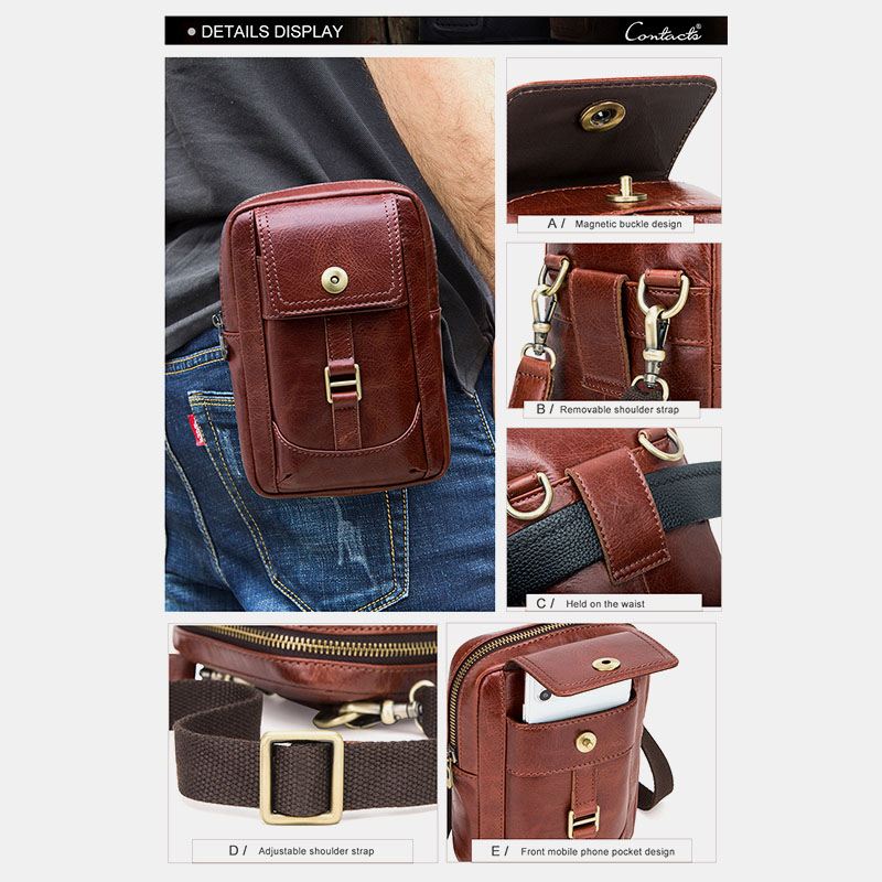 Mænd Ægte Læder Retro Mode 5.8 Tommer Telefontaske Multi-carry Crossbody Taske Taljetaske