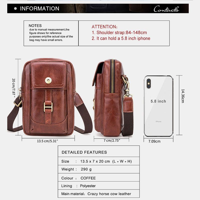 Mænd Ægte Læder Retro Mode 5.8 Tommer Telefontaske Multi-carry Crossbody Taske Taljetaske