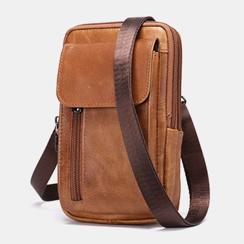 Mænd Retro Dobbeltlags Kohud-taljetaske Casual Slid-resistent 6.5 Tommer Telefontaske Bæltetaske Crossbody-taske Skuldertaske