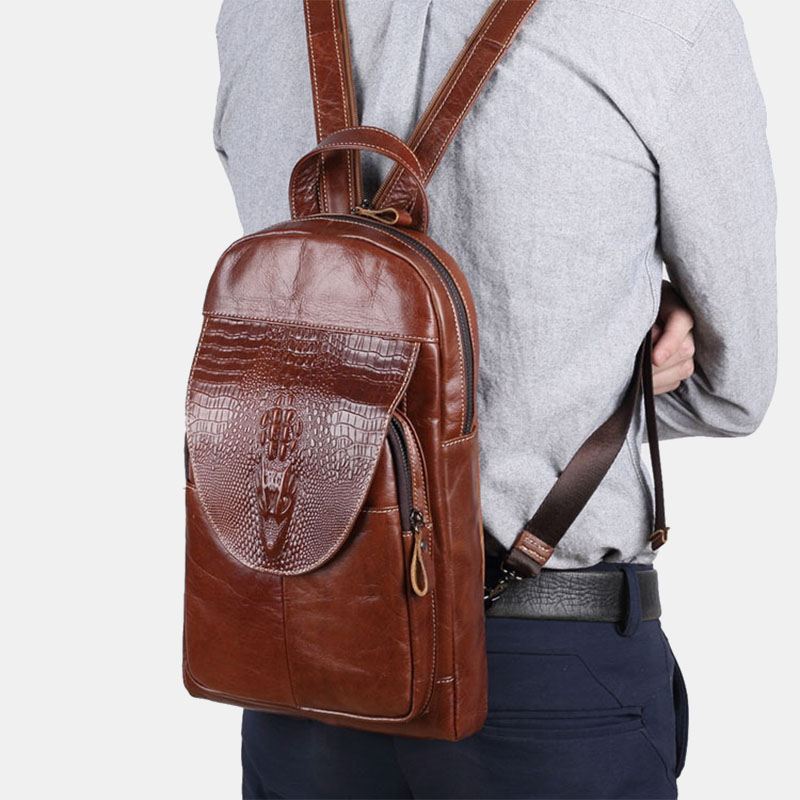 Mænd Ægte Læder Multi-lomme Krokodille Mønster Brysttaske Multifunktion Anti-tyveri Crossbody Skuldertaske