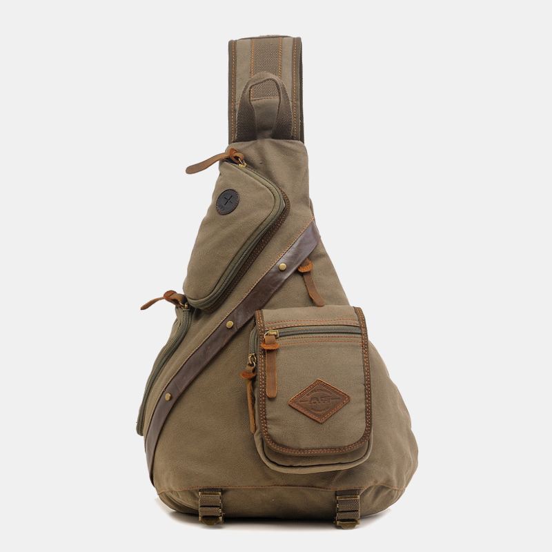 Mænd Ægte Læder Og Lærred Rejse Udendørs Bæretaske Multi-pocket Crossbody Taske Brysttaske