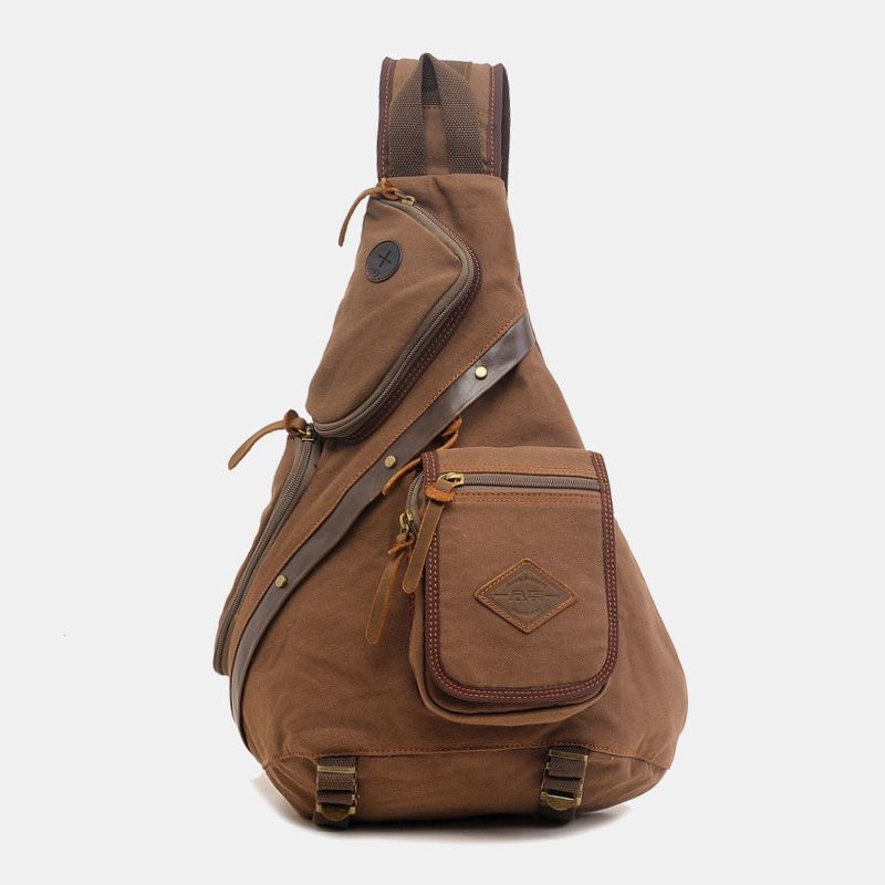 Mænd Ægte Læder Og Lærred Rejse Udendørs Bæretaske Multi-pocket Crossbody Taske Brysttaske