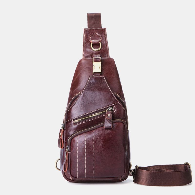 Mænd Ægte Læder Retro Business Casual Ensfarvet Læder Skuldertaske Crossbody Taske Brysttaske