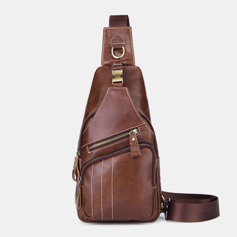 Mænd Ægte Læder Retro Business Casual Ensfarvet Læder Skuldertaske Crossbody Taske Brysttaske