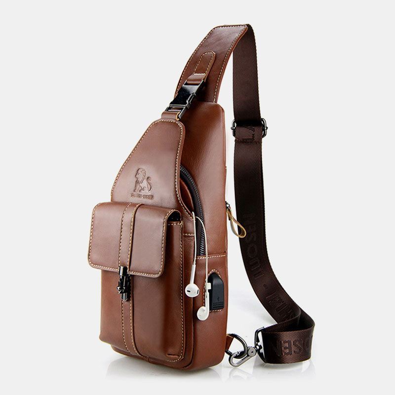 Mænd Ægte Læder Usb-opladning Retro Casual Koskind Brysttaske Sling Bag Crossbody-taske