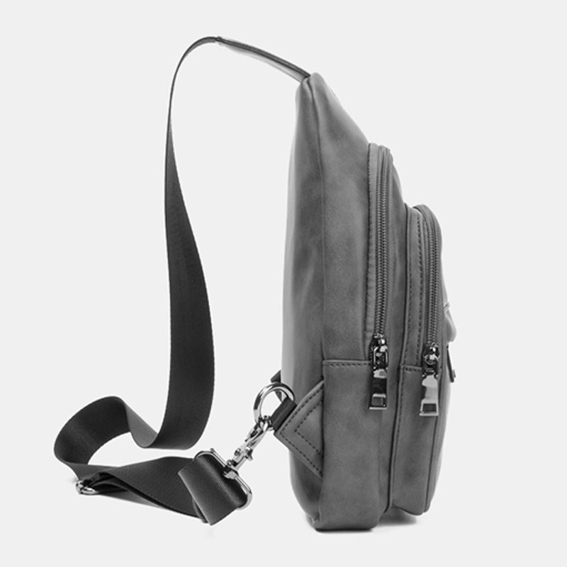 Mænd Ensfarvet Hovedtelefon Huldesign Multi-pocket Brysttaske Casual Udendørs Pu Blødt Læder Slidfast Crossbody Tasker Skuldertaske