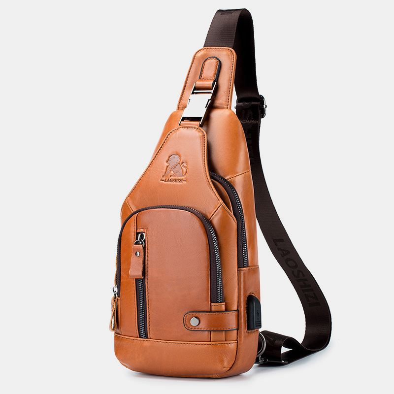 Mænd Koskind Multi-pocket Usb-opladning Brysttaske Outdoor Travel Anti-theft Crossbody Skuldertaske