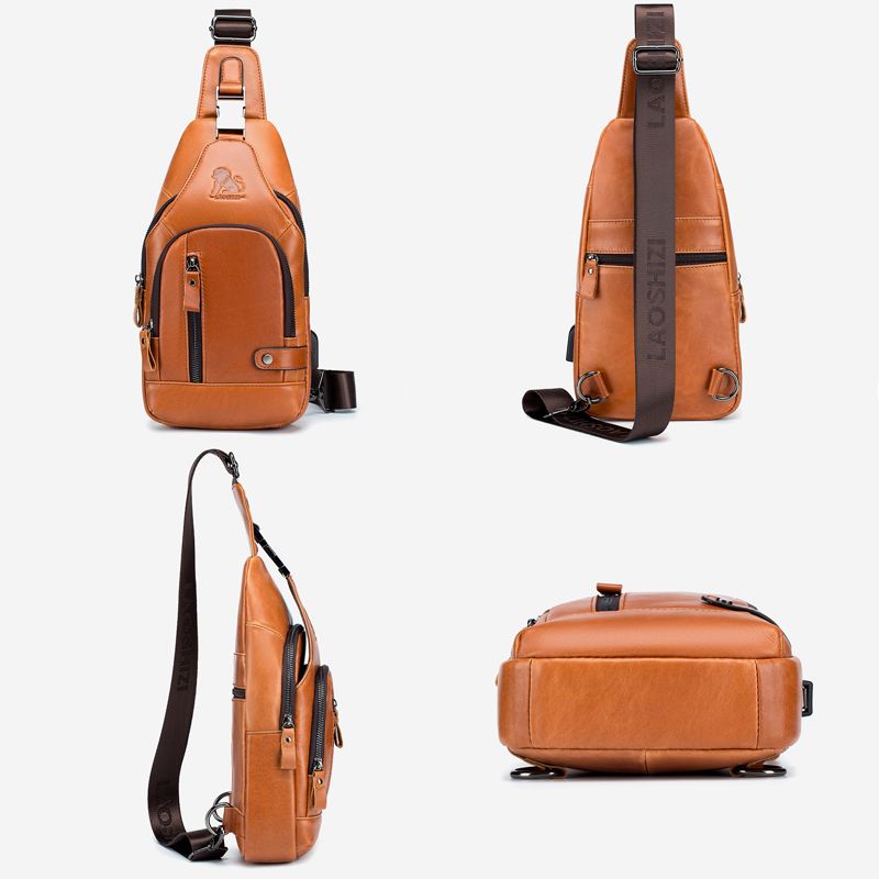 Mænd Koskind Multi-pocket Usb-opladning Brysttaske Outdoor Travel Anti-theft Crossbody Skuldertaske