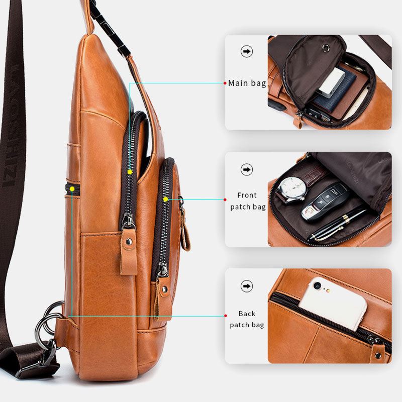 Mænd Koskind Multi-pocket Usb-opladning Brysttaske Outdoor Travel Anti-theft Crossbody Skuldertaske