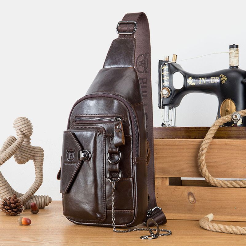 Mænd Multi-pocket Blødt Læder Brysttaske Vintage Mobiltelefon Holder Kæde Crossbody Skuldertaske