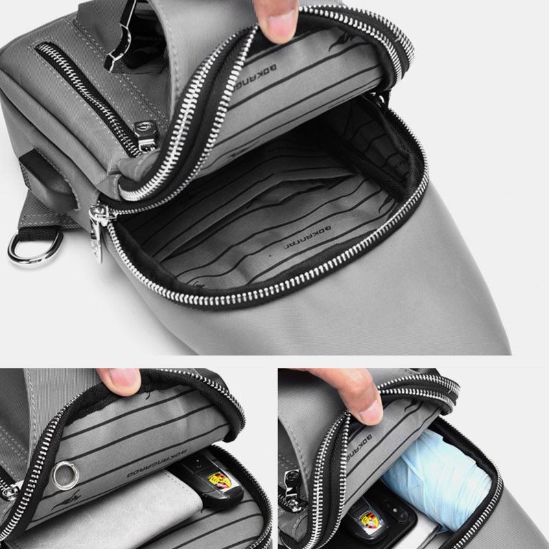 Mænd Oxford Usb-opladningshovedtelefon Huldesign Brysttaske Multifunktion Multi-lomme Vandtæt Crossbody Skuldertaske