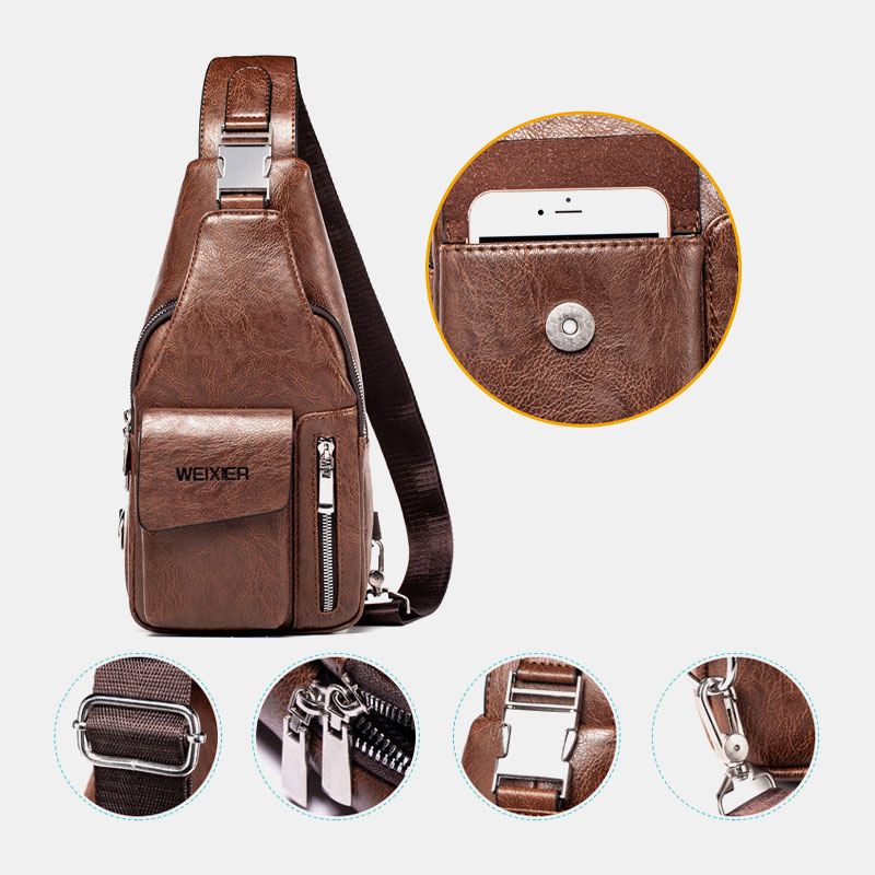 Mænd Pu Læder Multifunktionel Stor Kapacitet Vandtæt 6.5 Tommer Telefontaske Brysttaske Crossbody Tasker