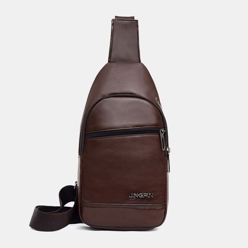 Mænd Pu Læder Øretelefon Hul Multi-carry Vandtæt Crossbody Bag Brysttaske Sling Bag