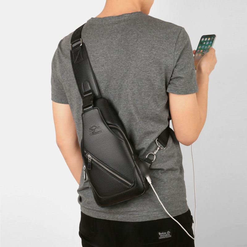 Mænd Pu-læder Usb-opladning Vandtæt Øretelefon Hul Business Crossbody-taske Brysttaske Sling Bag