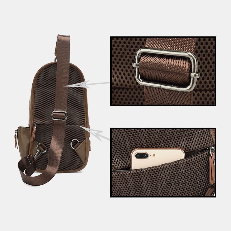 Mænd Pu-læder Vintage Multifunktions Øretelefon Hul Usb-opladning Crossbody-taske Brysttaske Sling Bag