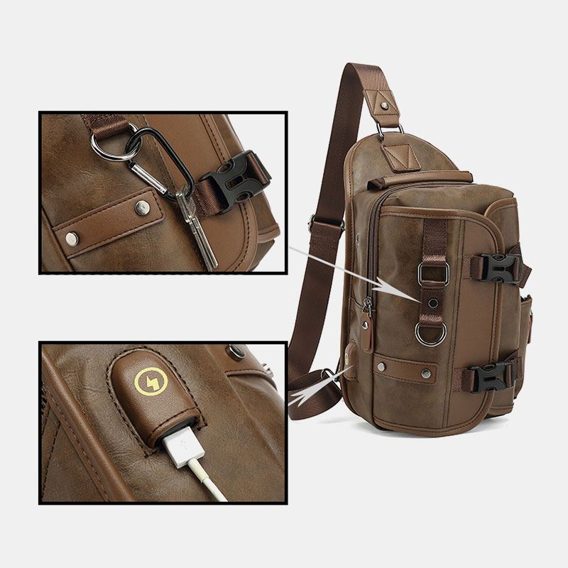 Mænd Pu-læder Vintage Multifunktions Øretelefon Hul Usb-opladning Crossbody-taske Brysttaske Sling Bag