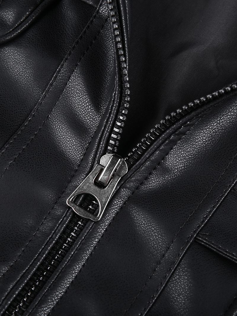 Herre Pocket Zip-up Pu Læder Sort Langærmet Motorcykeljakke