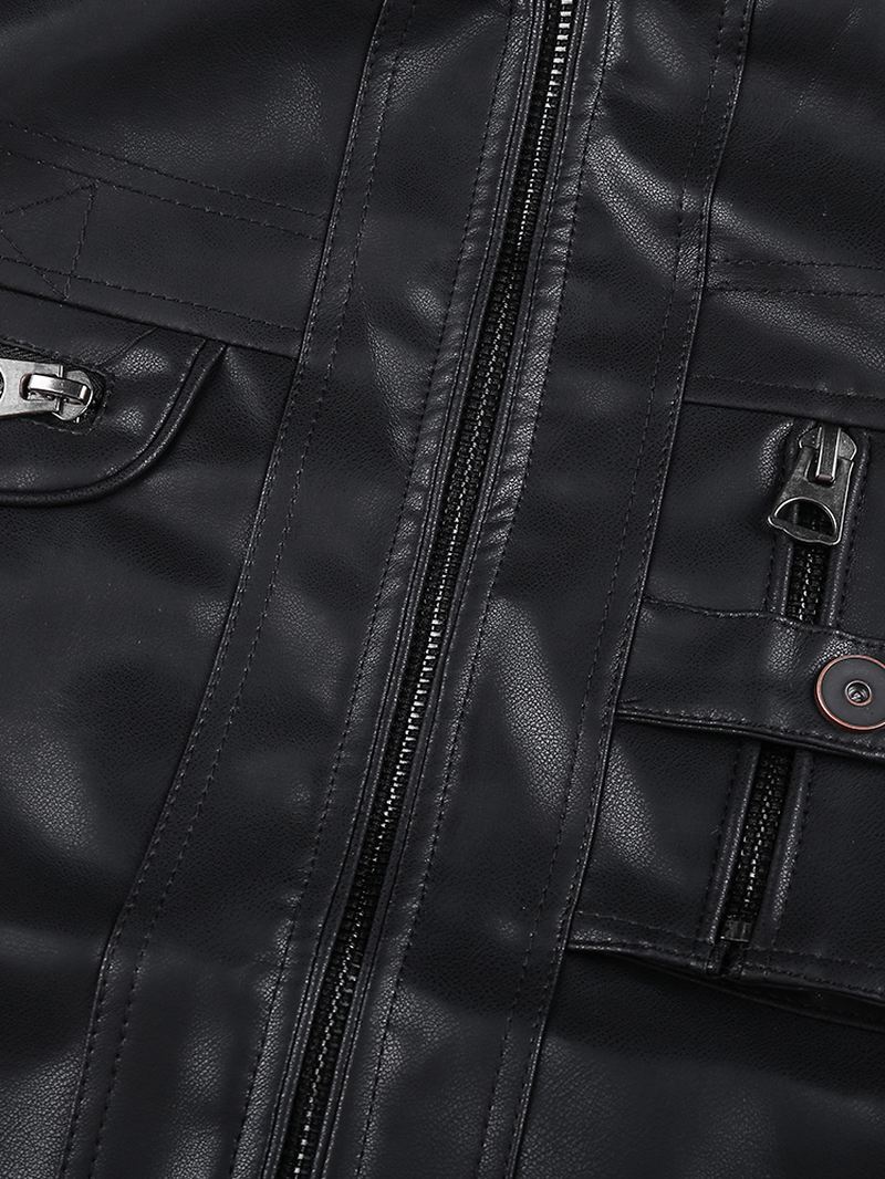 Herre Pocket Zip-up Pu Læder Sort Langærmet Motorcykeljakke