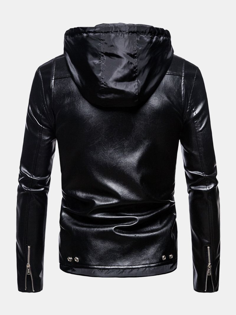 Herre Pu Læder Asymmetrisk Lynlås Snøring Hem Hooded Biker Jacket