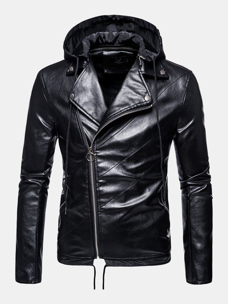 Herre Pu Læder Asymmetrisk Lynlås Snøring Hem Hooded Biker Jacket