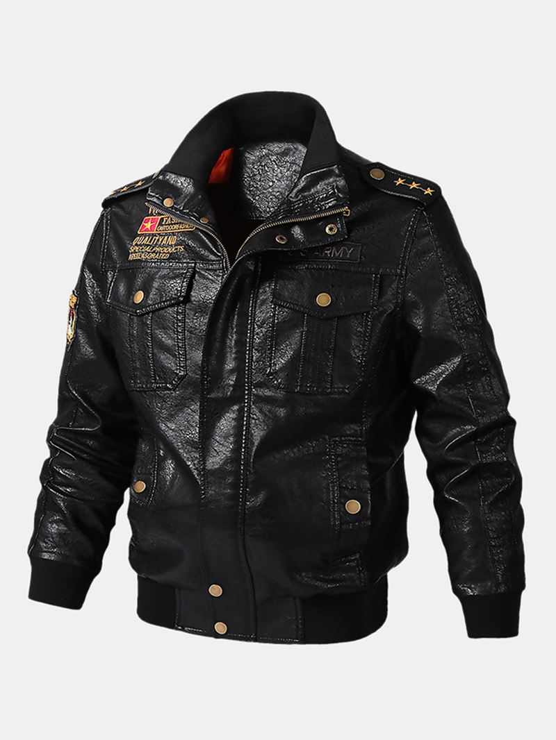 Herre Pu Læder Badge Zip Front Biker Jakker Med Klaplommer