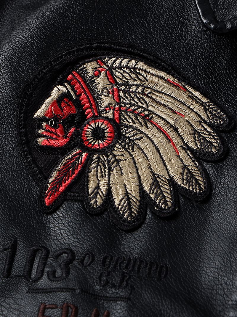 Herre Tribal Broderi Eagle Head Badge Pocket Lynlås Langærmet Pu Læderjakker