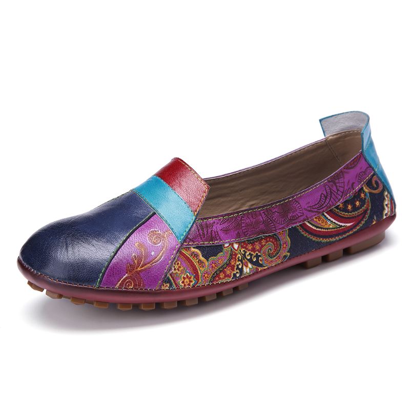 Bohemian Blødt Læder Blomstersplejsning Casual Slip On Loafers Flade Sko