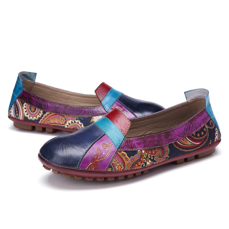 Bohemian Blødt Læder Blomstersplejsning Casual Slip On Loafers Flade Sko