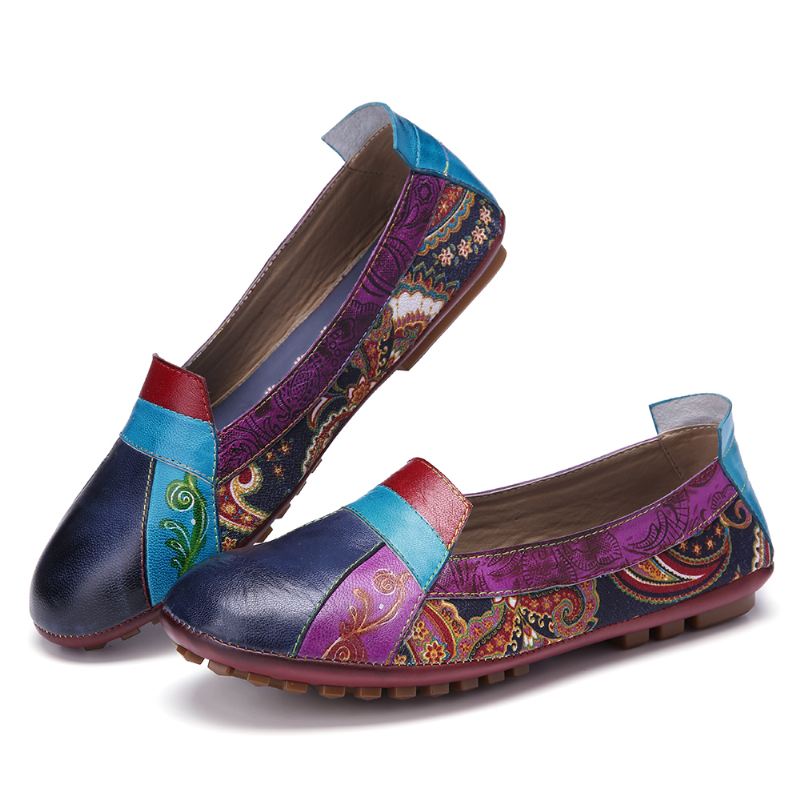 Bohemian Blødt Læder Blomstersplejsning Casual Slip On Loafers Flade Sko